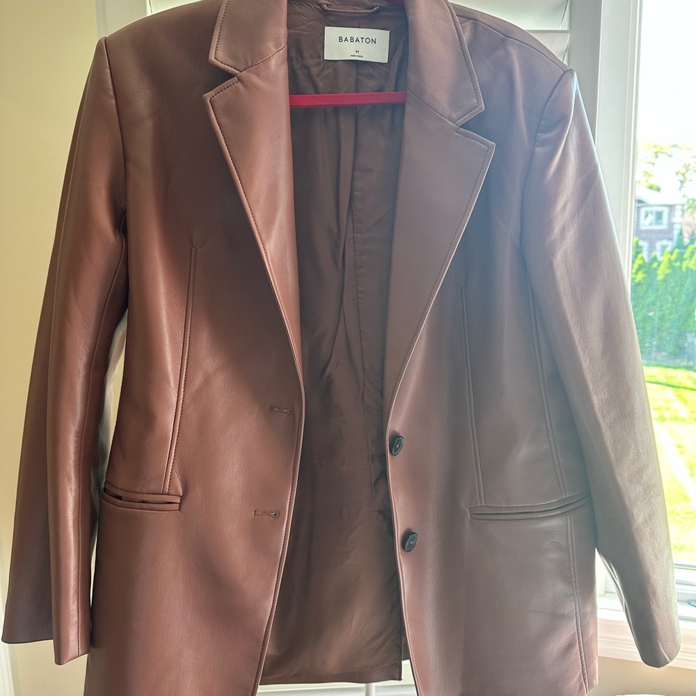 Babaton Women's Brown Leather Jacket Aritzia